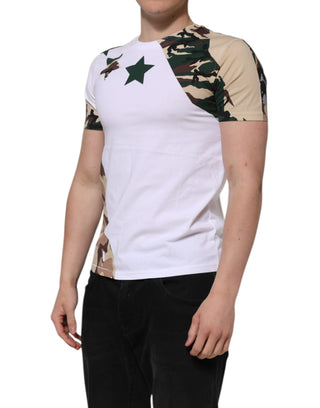 Camiseta de algodón blanca para hombre con estampado de camuflaje y cuello redondo