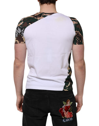 Camiseta de algodón blanca para hombre con estampado de camuflaje y cuello redondo