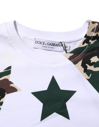 Camiseta de algodón blanca para hombre con estampado de camuflaje y cuello redondo
