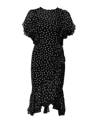 Schwarz-weißes Tupfen-Chiffonkleid mit Spitze