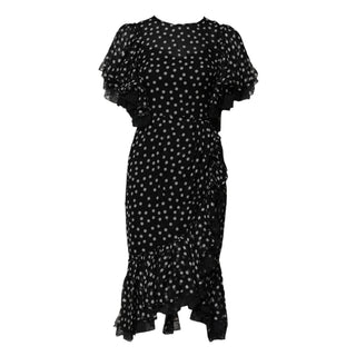 Schwarz-weißes Tupfen-Chiffonkleid mit Spitze