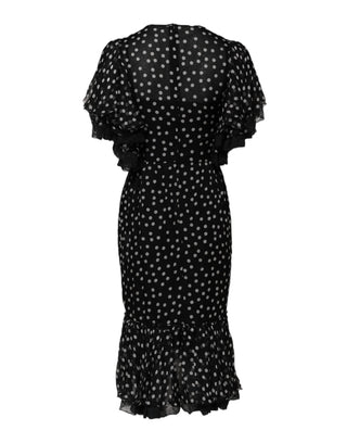 Schwarz-weißes Tupfen-Chiffonkleid mit Spitze