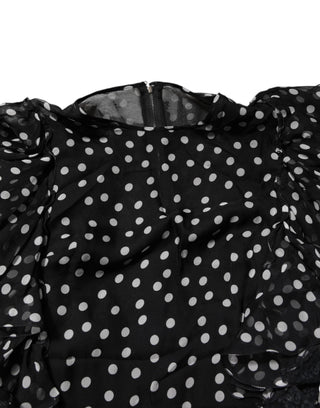 Schwarz-weißes Tupfen-Chiffonkleid mit Spitze