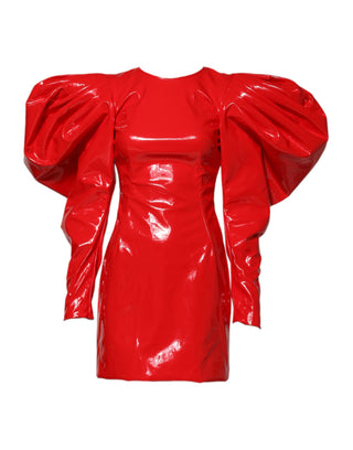 Rotes Minikleid aus Lackleder mit Puffärmeln