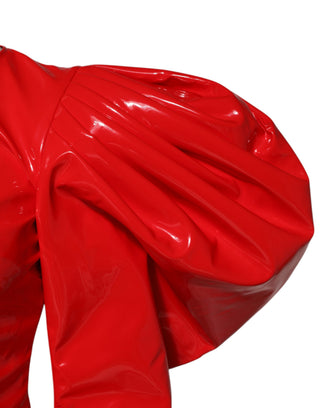 Rotes Minikleid aus Lackleder mit Puffärmeln