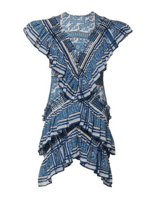 Blau gemustertes, mehrlagiges Mini-Kleid mit kurzen Ärmeln