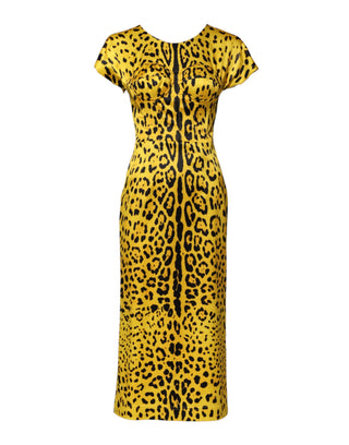Gelbes eng anliegendes Midi-Kleid aus Polyester mit Leopardenmuster