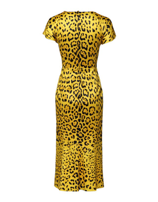 Gelbes eng anliegendes Midi-Kleid aus Polyester mit Leopardenmuster
