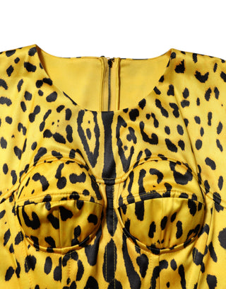 Gelbes eng anliegendes Midi-Kleid aus Polyester mit Leopardenmuster