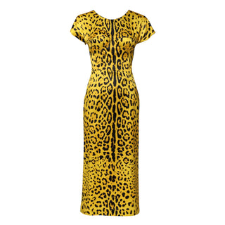 Gelbes eng anliegendes Midi-Kleid aus Polyester mit Leopardenmuster