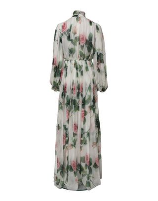 White Floral Roses Silk Maxi Long Gown Dress