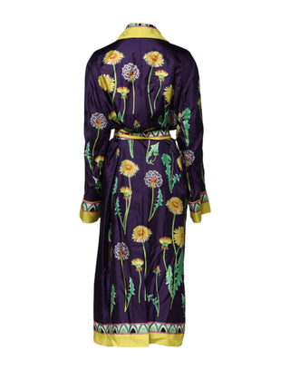 Blauer Seidenwickelmantel mit Blumenmuster und langen Ärmeln