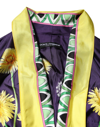 Blauer Seidenwickelmantel mit Blumenmuster und langen Ärmeln