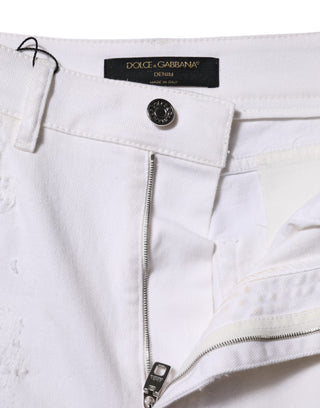 Weiße zerfledderte High-Waist-Jeans aus Baumwolle