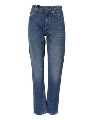 Blaue High Waist Jeans aus Baumwolle mit zulaufendem Bein