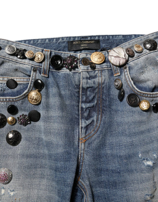Blaue verzierte zerrissene Skinny-Jeans