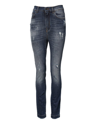 Jeans ajustados de mezclilla azul de algodón de talle alto