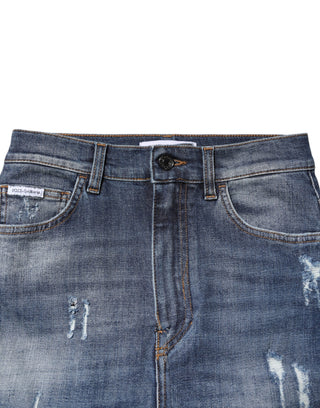 Jeans ajustados de mezclilla azul de algodón de talle alto