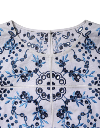 Blue Lace Eyelet Crew Neck Blouse Top