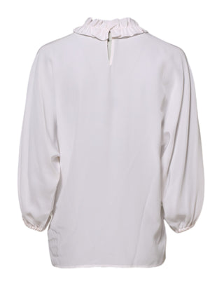 White Ruffled Neckline Blouse Pullover Top