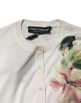 Weißer Cardigan aus Seide mit Lilienmotiv und Knöpfen