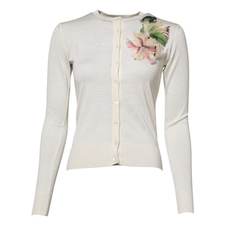 Weißer Cardigan aus Seide mit Lilienmotiv und Knöpfen