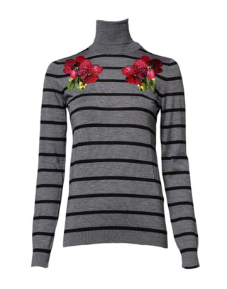 Grauer Pullover mit Blumenstickerei