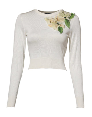 Weißer Seidenpullover mit Lilienstickerei
