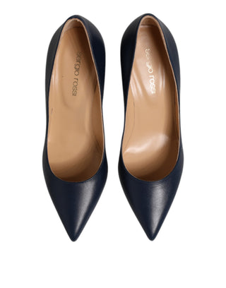 Blue Leather Pointed Toe Block Heels Shoes
