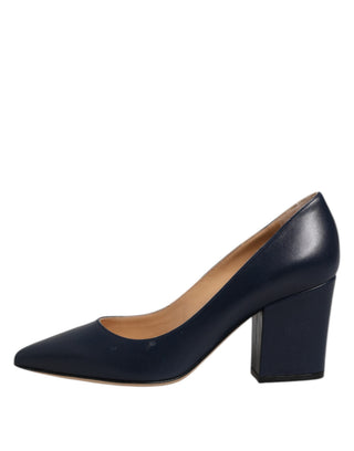 Blue Leather Pointed Toe Block Heels Shoes