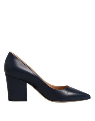 Blue Leather Pointed Toe Block Heels Shoes
