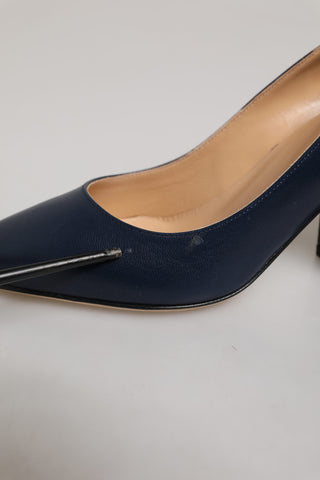 Blue Leather Pointed Toe Block Heels Shoes
