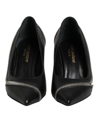 White Black Leather Pointed Toe Heels Shoes