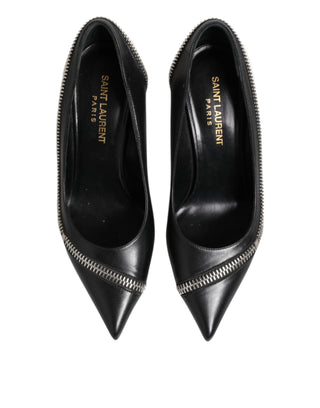 White Black Leather Pointed Toe Heels Shoes