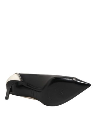 White Black Leather Pointed Toe Heels Shoes