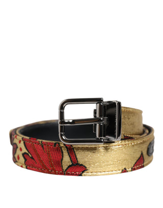 Goldener Gürtel mit Blumen-Jacquard und silberner Metallschnalle