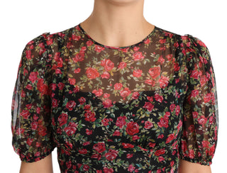 Schwarzes A-Linien-Shift-Kleid mit Blumenrosenmuster