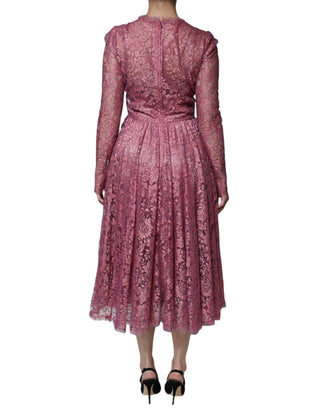 Pink Floral Lace Long Sleeve Midi Dress