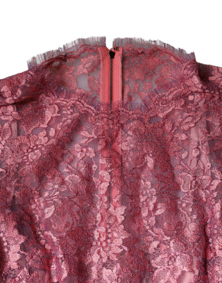 Pink Floral Lace Long Sleeve Midi Dress