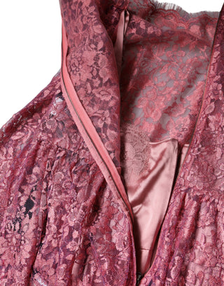 Pink Floral Lace Long Sleeve Midi Dress