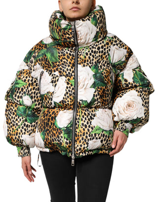 Chaqueta acolchada multicolor con estampado de leopardo y rosas