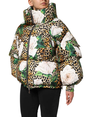 Chaqueta acolchada multicolor con estampado de leopardo y rosas