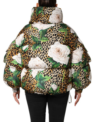 Chaqueta acolchada multicolor con estampado de leopardo y rosas