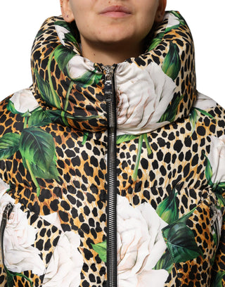 Chaqueta acolchada multicolor con estampado de leopardo y rosas