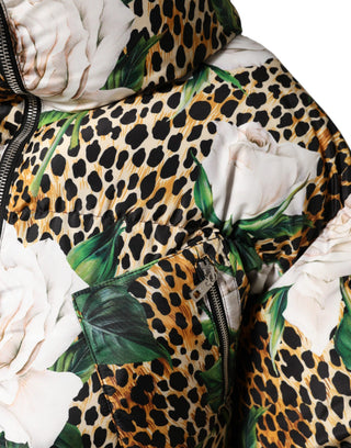 Chaqueta acolchada multicolor con estampado de leopardo y rosas
