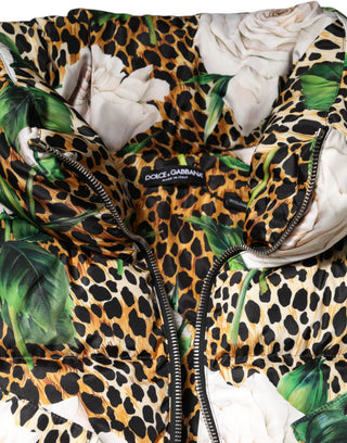Chaqueta acolchada multicolor con estampado de leopardo y rosas