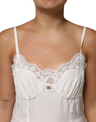Vestido de seda blanco con encaje dorado y logo DG, estilo camisón