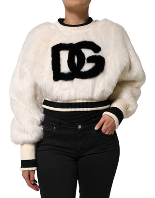 Weißes verkürztes DG Sweatshirt aus Kunstpelz
