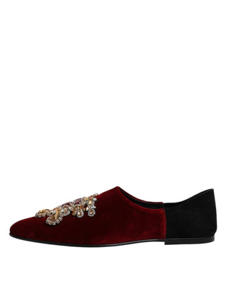 Black Red Velvet Embellished Slip On Shoes