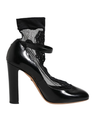 Black Leather Lace Socks Heels Pumps Shoes